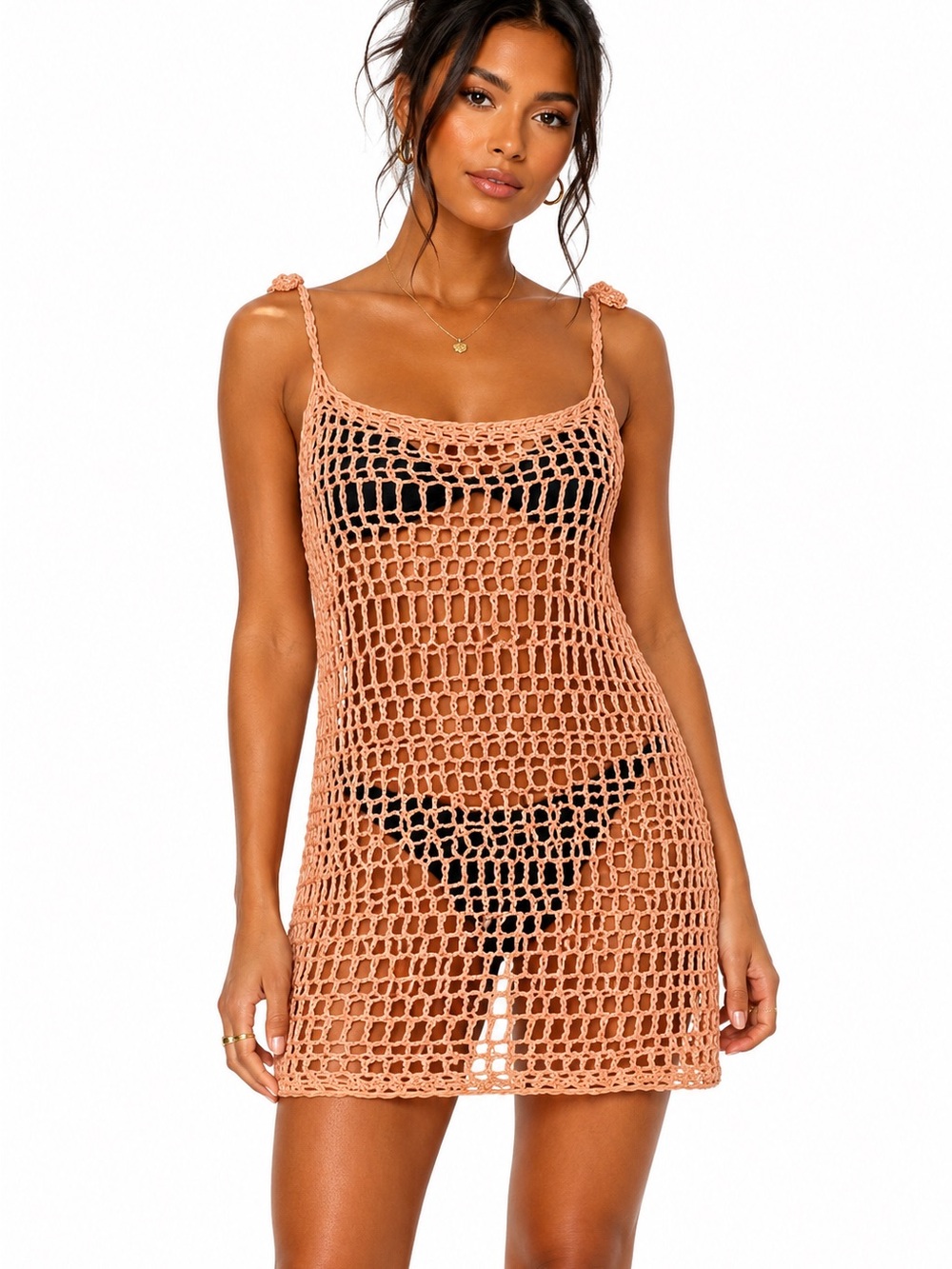 Crochet Cover-Up Mini Dress in Peach